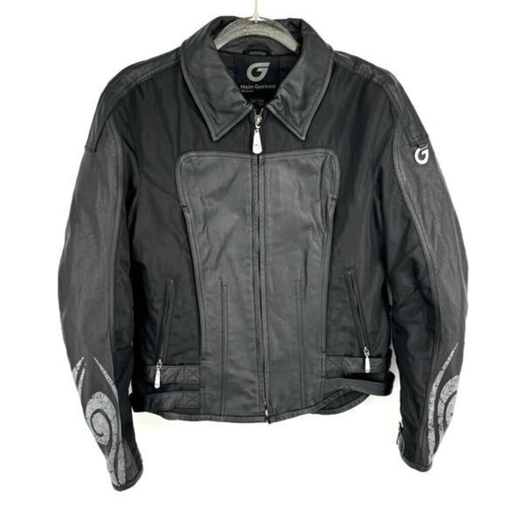 Hein Gericke Motorcycle Jacket Size 10 Black Embroidered Logo Leather Biker